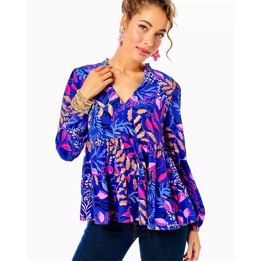 Lilly Pulitzer Blouse Sarita Silk Top Borealis Blue Absolute Purrfection Size 16